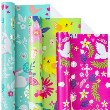 Imagem de LeZakaa Rolo de papel de embrulho de Páscoa - Mini rolo - galinha/coelho/cruz da Páscoa com design metálico para embrulho de presente, artesanato - 43 x 304,8 cm - 3 rolos (42,5 m² ttl.)