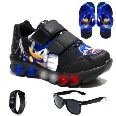 Imagem de Kit Tenis Masculino Infantil De Led Meninos Sonic + Chinelo + Oculos +