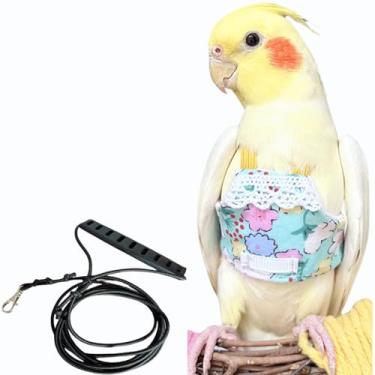 Imagem de CXYYXF Colete de arnês de voo de pássaros, terno de papagaio com coleira para calopsitas Conures Budgies Lovebirds cinza africano, corda de roupas voadoras (azul lago, GG)