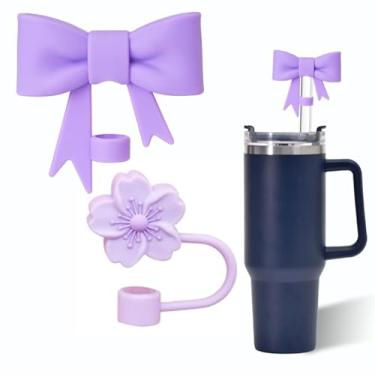Imagem de Capa de palha roxa com laço e flores para copo Stanley de 40 e 850 g, tampa de cobertura de palha de silicone de 10 mm para acessórios de copo Stanley, lindo topo de palha para copos, tampa de palha