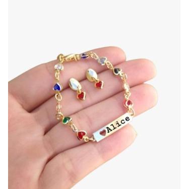 Imagem de Kit Pulseira + Brinco coração Menina chapinha Nome folheado a Ouro 18k