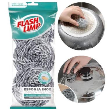Imagem de Kit 3 Esponjas Multiuso Aço Inox Limpeza Pesada Flash Limp