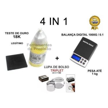 Imagem de Kit Verifica Ouro - Pedra Peq + Ácido 18k + Balança 1 Kg + Lupa - EXAT