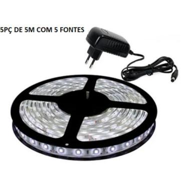 Imagem de Kit 5 Fita Led 5050 Branco frio 3000k 5m Bivolt Com Fonte - LEDS