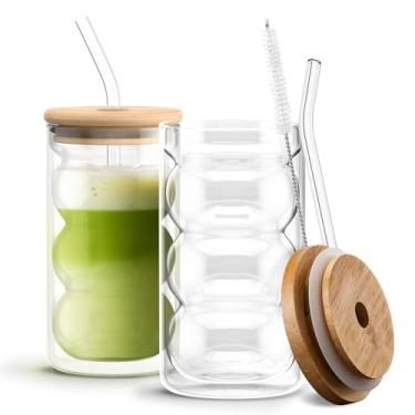 Imagem de HAPPY PATH & CO 473.6 g (480ml) Conjunto de vidro bolha nervurado - 2 copos transparentes com 2 canudos de vidro dobrados, 2 tampas e escova de limpeza - para café gelado, matcha, coquetéis,