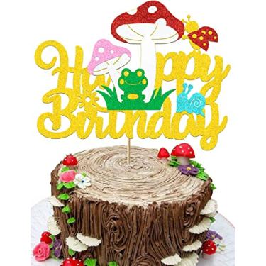 Imagem de Mushroom Cake Topper Mushroom Birthday Cake Toppers Decorations for Girls Boys Glitter Gold Mushroom Ladybug Frog Happy Birthday Decorations Theme Party Supplies