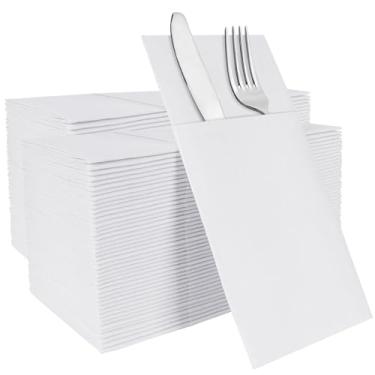 Imagem de IYLLLWLY Guardanapos de papel branco descartáveis, guardanapos de jantar com bolso de talheres embutido, guardanapos semelhantes a pano, pré-dobrados para facas e garfos, guardanapos de mão com