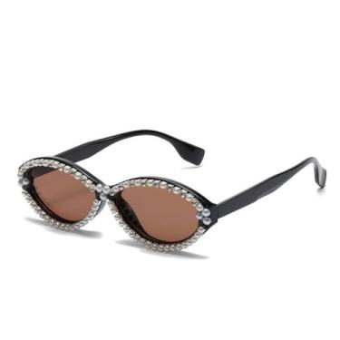 Imagem de Moda Feminina Olho de Gato Feito à Mão Pérola Menina Óculos de Sol Simples Menina Diamante Street Shooting Óculos de Sol Brilhantes, Chá Preto