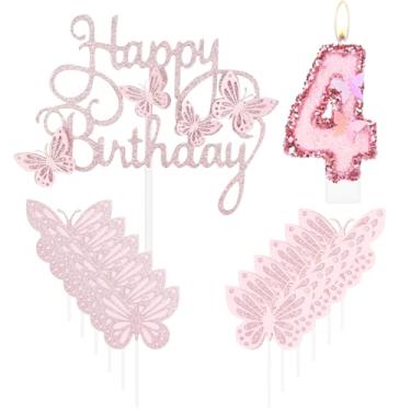 Imagem de iNINGER Velas de aniversário número 4, decorações de borboleta de 4º aniversário para mulheres/meninas, vela de cupcake para festa, vela numeral de lantejoulas feitas à mão rosa enfeite de bolo de