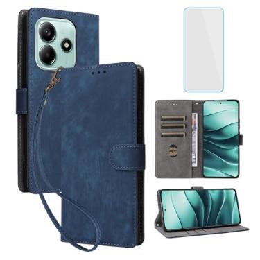 Imagem de IUQXU Capa carteira para celular Xiaomi Redmi Note 14 5G com protetor de tela [bloqueio RFID] couro flip suporte para cartão alça suporte mulheres homens capa para celular para Redmi Note14 5G azul