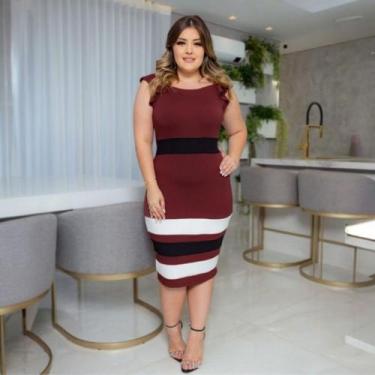 Imagem de Vestido Midi Listras Moda Evangélica Feminina - Miss Flower, Vinho, G
