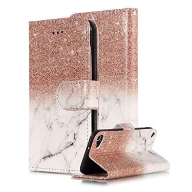 Imagem de Capa carteira de mármore para iPod Touch 5ª geração, carteira com suporte de cartão para mulheres, capa de celular colorida e híbrida com suporte e suporte à prova de choque para iPod Touch 5,, Rose Gold White