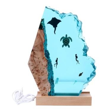 Imagem de Abajur de Resina Com Várias Luzes LED de Peixes e Tartarugas, Base de Madeira, Luz Noturna Exclusiva e Requintada para Decoração de Casa, Cabo USB Decorativo e Peça de Ampliação