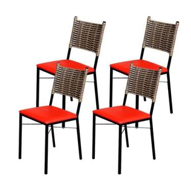 Imagem de Kit 4 Cadeiras Para Cozinha Preta Ratan Cappuccino Assento Estofado - 