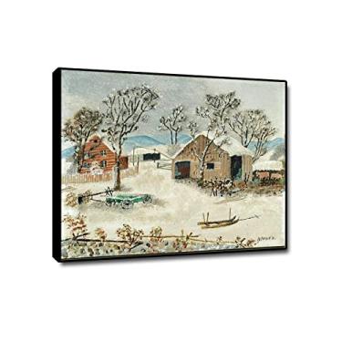 Imagem de JZSDGB Quadro preto - impressões em tela arte de parede famosa reprodução de pintura - "O velho celeiro no inverno por Grandma Moses pôsteres e impressões - arte de parede em tela imagens de paisagem