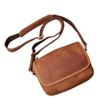 Imagem de Bolsa de ombro masculina de couro vintage diária Bolsa masculina simples crossbody Bolsa bolsa retrô de couro(Brown Yellow)