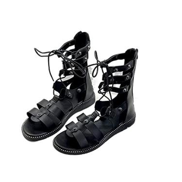 Imagem de Moda Sapatos Baixos De Dedo Do Pé Redondo para Mulheres Sandálias de Salto Quadrado para Mulheres Sapatos Femininos com Alça Cruzada Atrás com Zíper(Black,41EU)