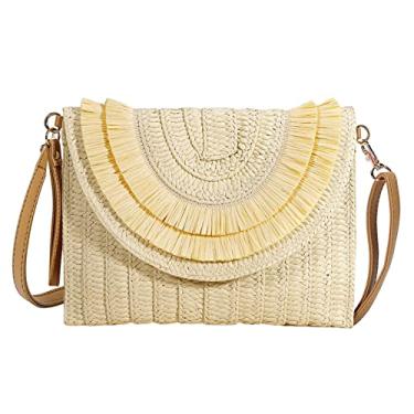 Imagem de Gets Bolsa de mão feminina de palha feita à mão com envelope de praia de verão bolsa transversal com alça, 2-ráfia franjas bege, One Size