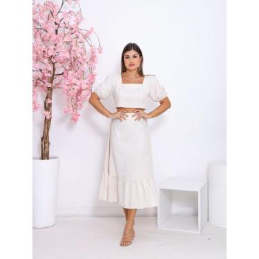 Imagem de Conjunto Feminino Linho Premium Saia Midi e Blusa Manga Bufante Fashio