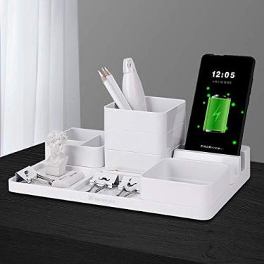 Imagem de Porta-lápis organizador de mesa, copo de lápis, suporte de telefone com porta de carregamento USB, bandeja adesiva, armazenamento de clipe de papel e acessórios de escritório, suporte de mesa para