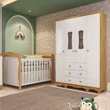Imagem de Quarto de Bebê Guarda-roupa 4 Portas com Janelas e Berço Minicama 100% Mdf Aurora Espresso Móveis Branco Brilho/Amêndoa