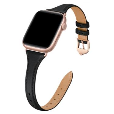 Imagem de WFEAGL Pulseiras de couro compatível com Apple Watch séries 4/3/2/1 de 38 mm, 40 mm, 42 mm e 44 mm, fina (preto/ouro rosa, 42 mm e 44 mm)