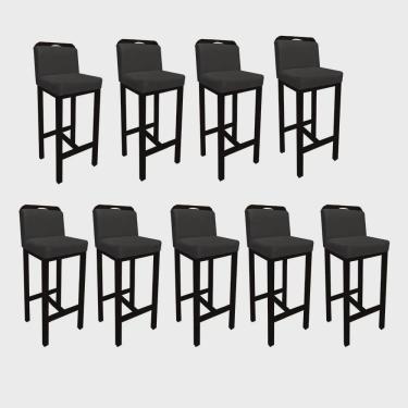 Imagem de Kit 09 Banqueta Alta Com Encosto Agnes Cozinha Balcão Bistrô Base Madeira Preto Tecido Sintético Cinza - Ahz Móveis