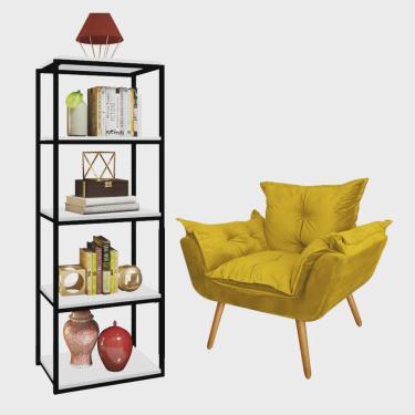 Imagem de Kit Poltrona Fatte com Estante Livreiro Ferro Preto mdf Branco Suede Amarelo - Ahazzo Móveis