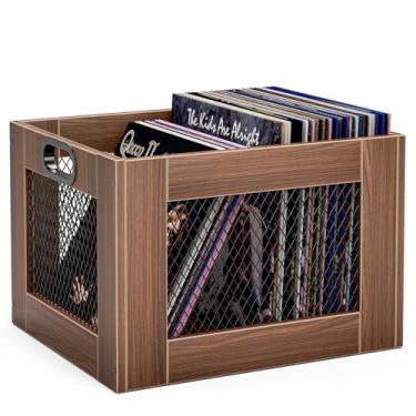 Imagem de TEMI Caixa de armazenamento de discos de vinil – Suporte grande de madeira para mais de 70 álbuns – Organizador de discos de estilo industrial e solução de armazenamento de discos durável para casa ou
