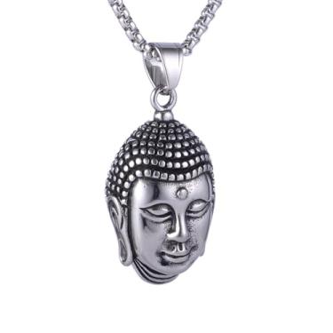 Imagem de Colar masculino e feminino com pingente de Buda Shakyamuni chinês, aço inoxidável 316L, corrente quadrada de pérola de aço inoxidável prata, joia talismã, Standard, Aço inoxidável, Sem Pedra Preciosa