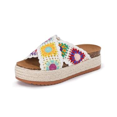 Imagem de Coutgo Sandálias Femininas De Plataforma, Alpargatas, Flatform, Cortiça, Floral, Crochê, Bico Aberto, Praia, Verão