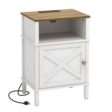 Imagem de CIILAAILE Criado-Mudo Estilo Fazenda Com Estação De Carregamento, Mesa De Cabeceira Branca Com Portas E Tomadas Usb E Tipo C, Mesa Lateral Com Armazenamento, Criado-Mudo Para Quarto, Branco E Marrom