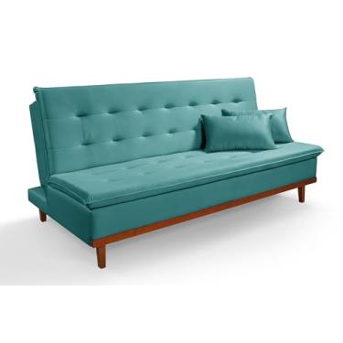 Imagem de Sofá Cama Reclinável Santorini Veludo Pés de Madeira 3 Lugares Casal Premium (AZUL TURQUESA)