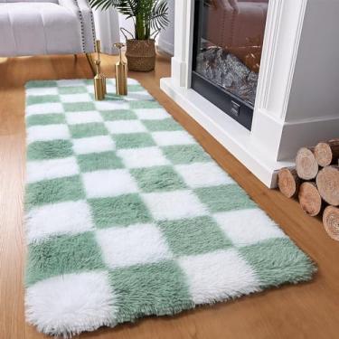 Imagem de KICMOR Tapetes de corredor de 5 x 15 cm para quarto, tapete felpudo macio e macio xadrez, verde sálvia e branco, tapete felpudo longo felpudo para sala de estar, quarto de crianças, meninas, meninos