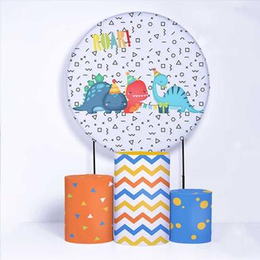 Imagem de Kit Painel de Festa Redondo de 1,30m e Trio de Cilindros Dino Baby - Fera Print