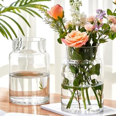 Imagem de Ninehaoou Vaso de vidro grande para buquê, vaso de boca larga para centros de mesa, vaso grande para flores, vasos de vidro modernos para decoração de mesa de jantar de casa de casamento (H: 23 cm L:
