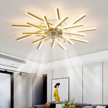 Imagem de Ventilador de teto moderno com lustre dourado, luzes LED reguláveis, controle remoto e aplicativo, temporizador de 6 velocidades, operação silenciosa, ideal para sala de estar e quarto, 36 p