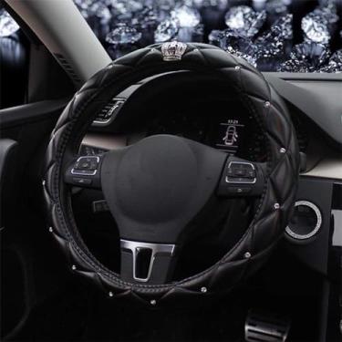 Imagem de Capa de volante de couro e diamante novo da ixiton, capa de volante com strass de cristal brilhante, ajuste universal, protetor de roda de carro de 38 cm para mulheres e meninasixiton 15 inch preto dzbt-ixius-1