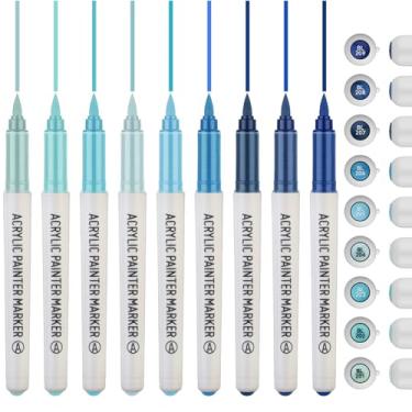 Imagem de ZZWUAPT Canetas de tinta acrílica azul, canetas de tinta colorida, canetas de tinta com ponta de pincel para pintura em rocha, madeira, vidro, cerâmica, tela, pedra, artesanato, artesanato, materiais
