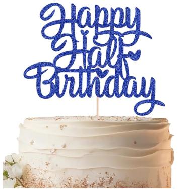 Imagem de EONNCNT Topo de bolo Happy Half Birthday - Glitter azul royal 6 meses suprimentos de decoração de bolo de aniversário para meninos ou meninas chá de bebê, revelação de gênero ou 1/2 artigos de festa