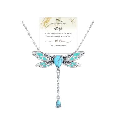Imagem de EJALEN Presente de Dia das Mães para Filha - Colar feminino com pingente boho vintage de prata esterlina S925, turquesa, libélula, girassol, presentes de aniversário de Natal vitoriano, Mom Gift