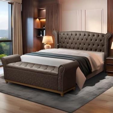 Imagem de Cabeceira e Baú Grécia Solteiro, Courino Sintético Bege, Capitonê com Tachas, 140x128x25 cm (Marrom Café)