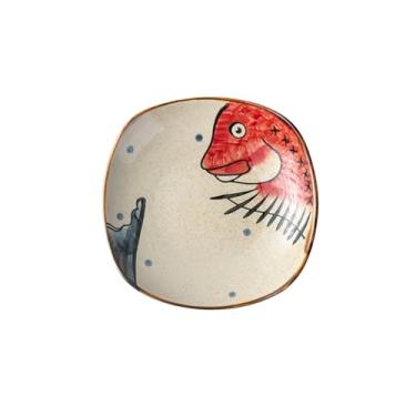 Imagem de Prato de sopa ocidental criativo de cerâmica japonesa retrô pintada à mão - prato quadrado de 20 cm, cabeça de peixe gorda vermelha