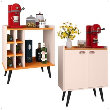 Imagem de Kit Aparador Adega Porta Garrafas Barzinho Buffet Multiuso 2 Portas Cantinho Café Prateleira Interna Organizadora - Lojas RPM (Off White/Cinamomo)