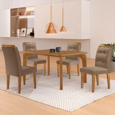 Imagem de Mesa Liz 120 Mdf Canto Copo E Com 4 Cadeiras Carol Veludo Capuccino/naturalle/naturalle
