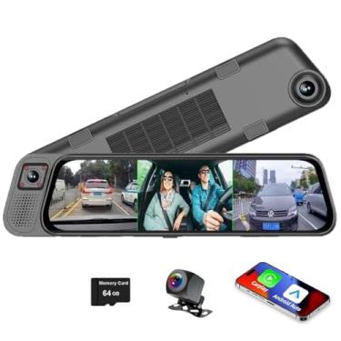 Imagem de Câmera veicular de 3 canais 2,5 K, com projeção Android CarPlay, espelho retrovisor retrovisor de tela inteira 9,66 IPS, câmeras 1080P frontal interna e traseira, controle de voz Bluetooth 5G