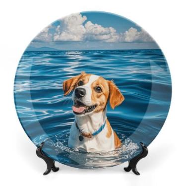 Imagem de NTVOWPZO Bone China Prato decorativo de cerâmica oceano e filhote de cachorro para decoração de parede de escritório em casa com suporte vertical placas decorativas para casa, cozinha, quarto, 25,4 cm