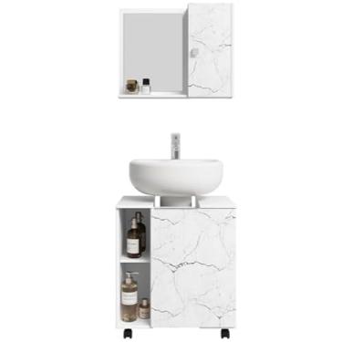 Imagem de Armário para banheiro Kit completo - gabinete para pia de coluna com rodízios + Espelheira Com Prateleira(BRANCO/CARRARA)