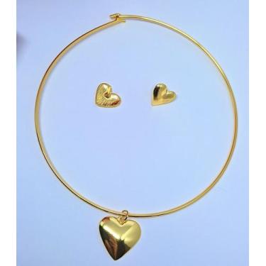 Imagem de Kit Conjunto Colar e Brincos Feminino Choker aro Liso Orgânco Oval tre