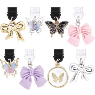 Imagem de TAKEALOOKO Pingente de plugue de poeira para Kindle – Pacote com 8 plugues antipoeira borboleta e laços, pingentes de coquette, pingentes de porta de carregamento, pingentes para telefone tipo C/USB C